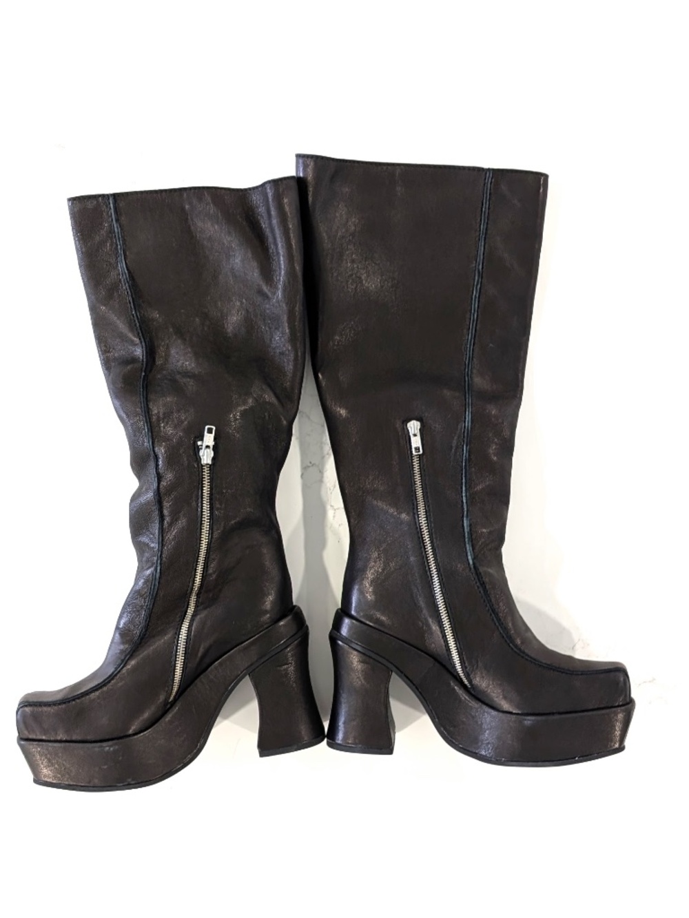 ECKHAUS LATTA Climax Black Leather Platform Knee High Boots Square Toe Sz 41 US